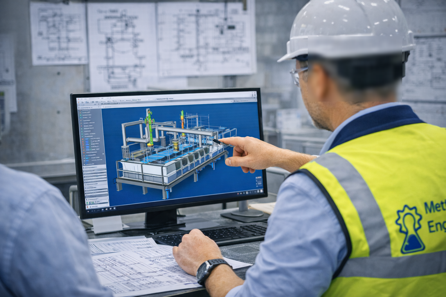 Ingineri analizând un model 3D al unei instalații industriale